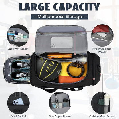 Gym Bag for Men 40L Sports Duffel Bags Gym Duffle Bag Women with Shoe Compartment & Wet Pocket Water Resistant Travel Duffel Bag Lightweight Weekender Overnight Bag Black
