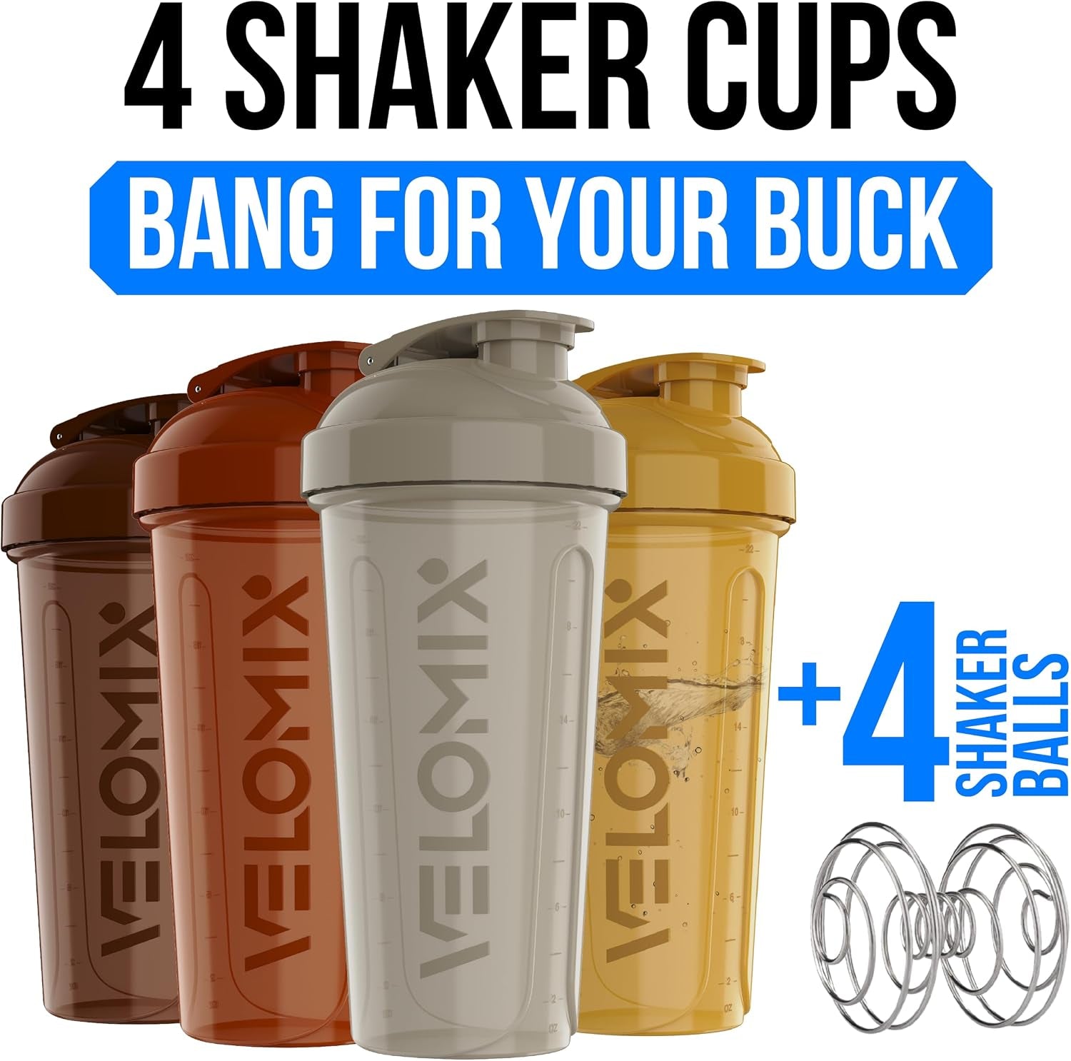 -4 PACK 28 Oz Protein Shaker Bottle for Protein Mixes -4X Wire Whisk | Leak Proof Shaker Cups for Protein Shakes | Large, Stackable Protein Shaker Bottle Pack | Dishwasher Safe (A3) Urban Tone