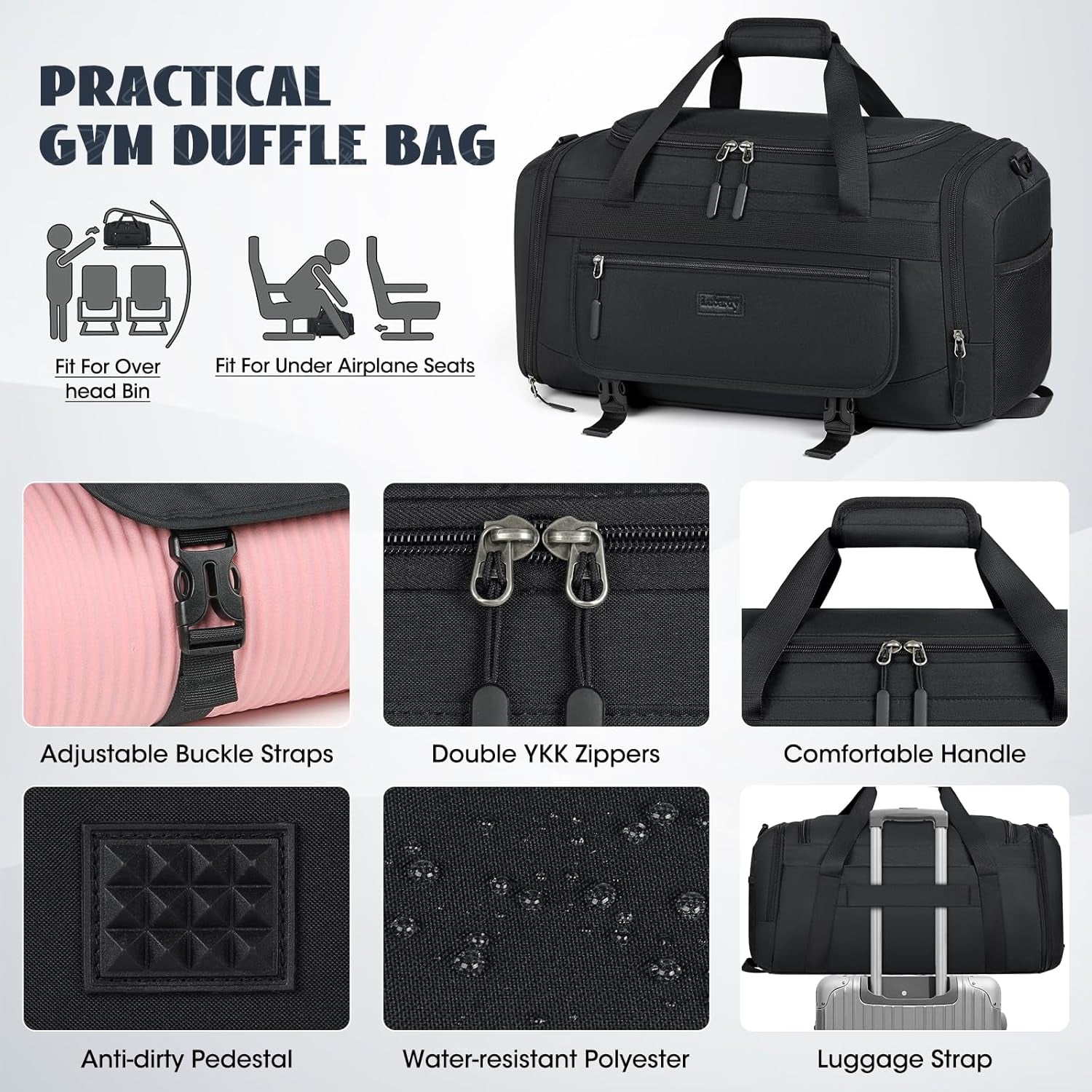 Gym Bag for Men 40L Sports Duffel Bags Gym Duffle Bag Women with Shoe Compartment & Wet Pocket Water Resistant Travel Duffel Bag Lightweight Weekender Overnight Bag Black