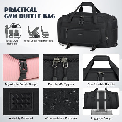 Gym Bag for Men 40L Sports Duffel Bags Gym Duffle Bag Women with Shoe Compartment & Wet Pocket Water Resistant Travel Duffel Bag Lightweight Weekender Overnight Bag Black