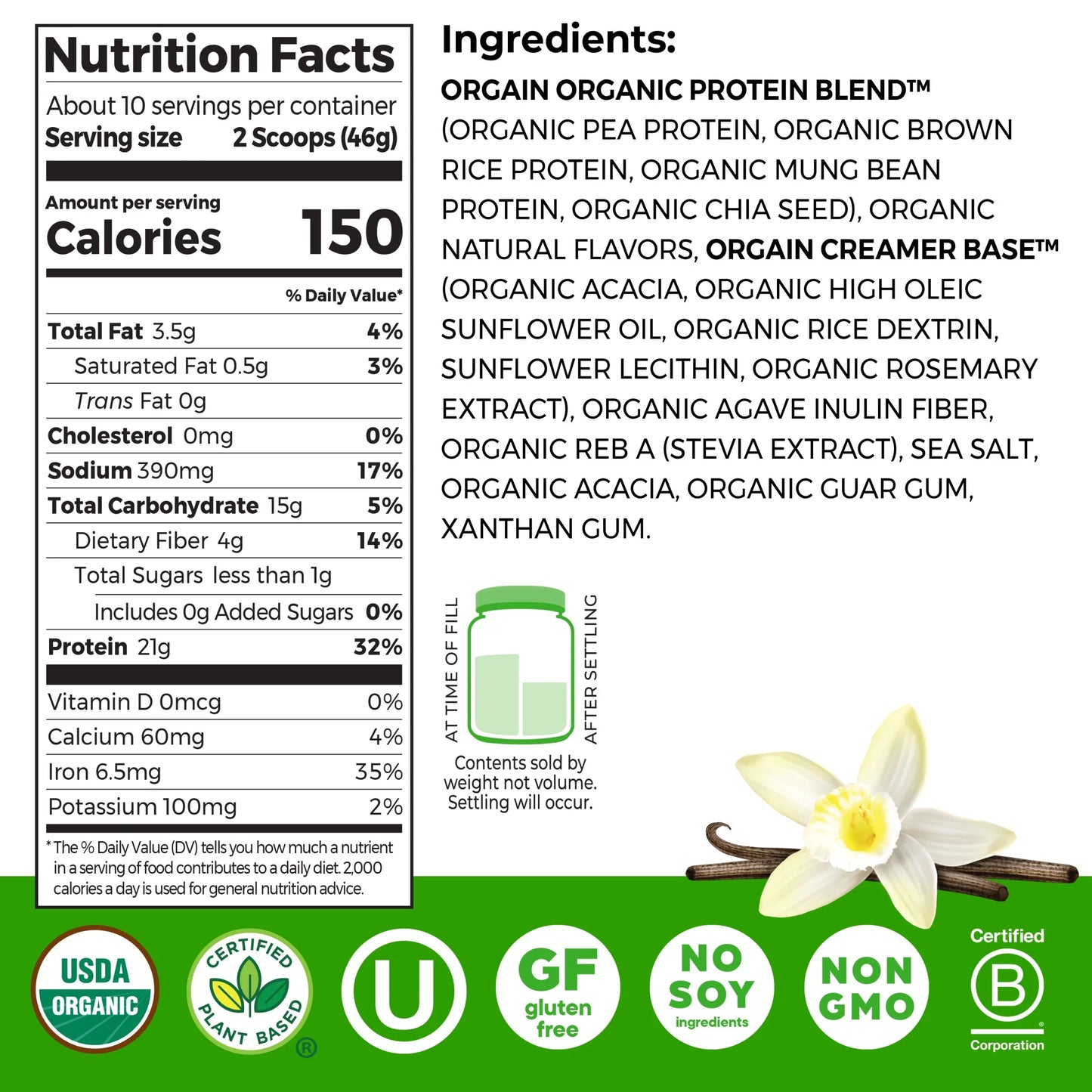 Organic Vegan 21G Protein Powder, Plant Based Shake Drink, Vanilla Bean 1.02Lb