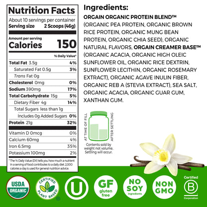 Organic Vegan 21G Protein Powder, Plant Based Shake Drink, Vanilla Bean 1.02Lb