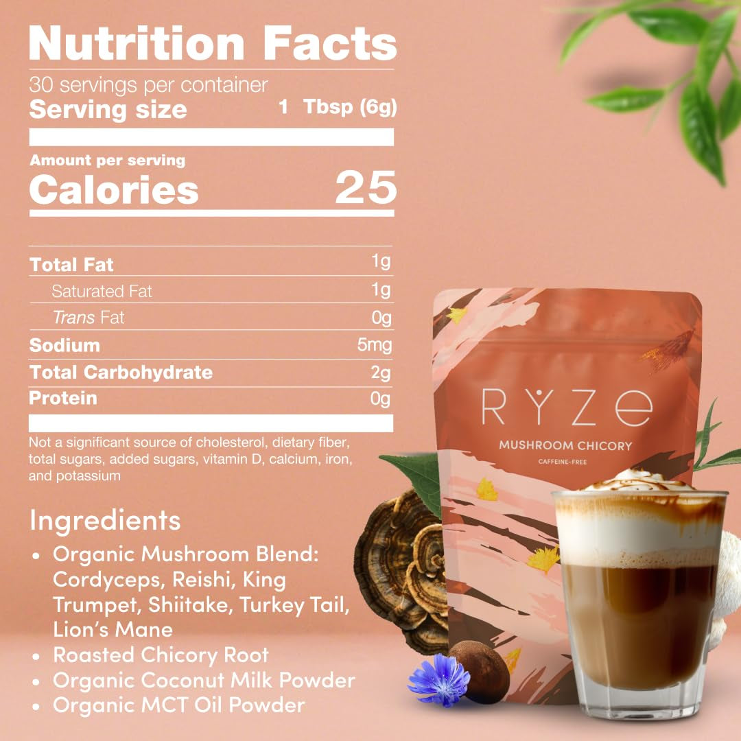 Mushroom Chicory with 6 Organic Adaptogenic Mushrooms, Keto Decaf Alternative with Chicory Root for Energy, Focus, Digestion, Immunity with Lions Mane Pack of 1