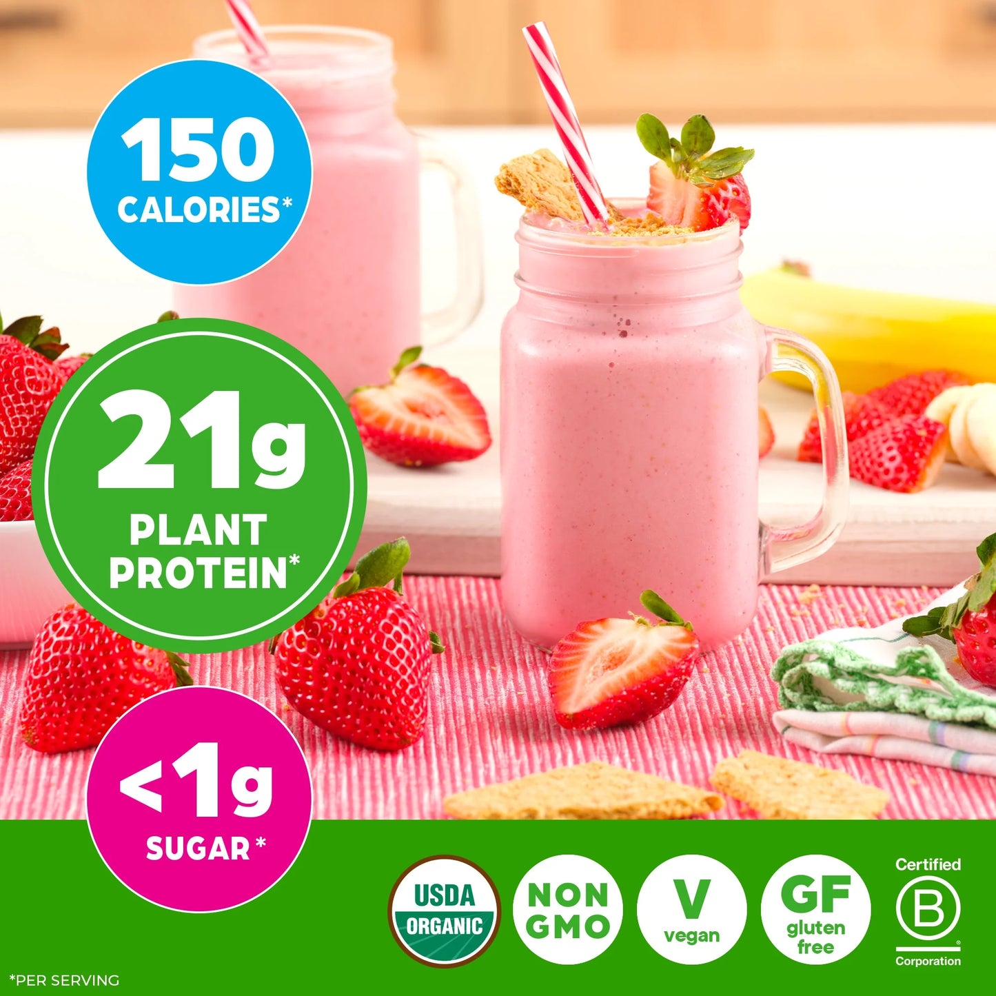 Organic Vegan 21G Protein Powder, Plant Based Shake Drink, Strawberries N Cream 1.02Lb