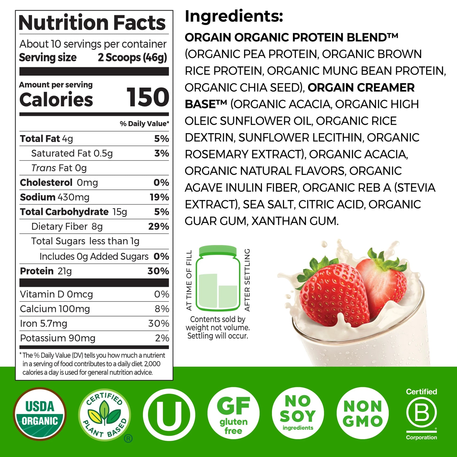 Organic Vegan 21G Protein Powder, Plant Based Shake Drink, Strawberries N Cream 1.02Lb