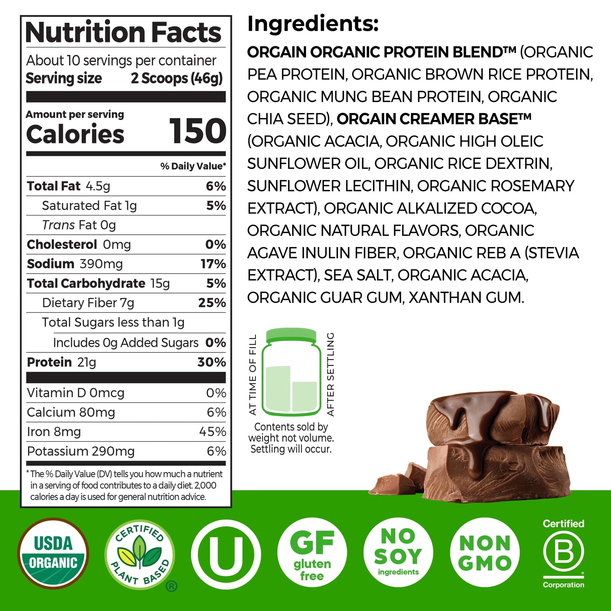 Organic Vegan 21G Protein Powder, Plant Based Shake Drink, Creamy Chocolate Fudge 1.02Lb